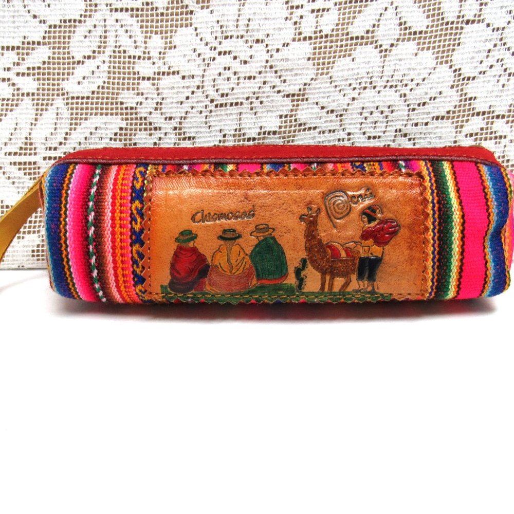PERU Manta Leather Souvenir CHIMOSAS Coin Purse Pencil Case Zipper Hand Made